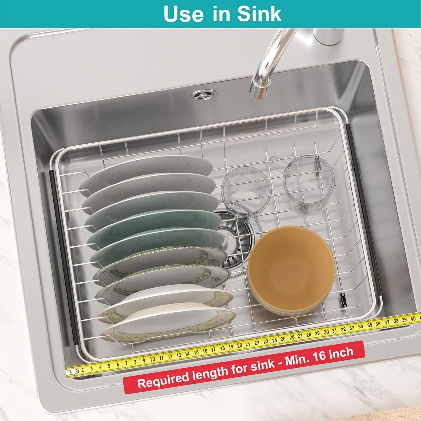iPEGTOP Expandable Dish Drying Rack in Sink or Over Sink, Rustproof Stainless Steel Dish Drying Rack Basket Shelf, Multifunctional Dish Drainer Inside Sink Organizer with Utensil Cutlery Holder