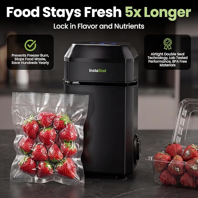 InstaSeal Vacuum Sealer for Food with 12 Bags, Preserves Foods 5x Longer, Space Saving Compact Upright Design Allows Machine to Heat Seal Marinades, Soups, Meats for Sous Vide Cooking