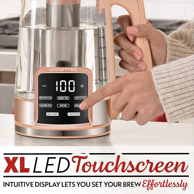 Gourmia Electric Glass Kettle – 1.7L Programmable Tea & Coffee Brewer with Digital Touch Display, 6 Presets, Removable Stainless Steel Infuser, Cordless with 360° Swivel Base, Peach