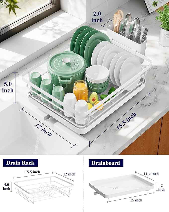 Kitsure Dish Drying Rack for Kitchen Counter, Stainless Steel Sink Organization and Storage Essentials with Cutlery Holder, Home and Appartment Decor, 12''W x 15.5''L, White