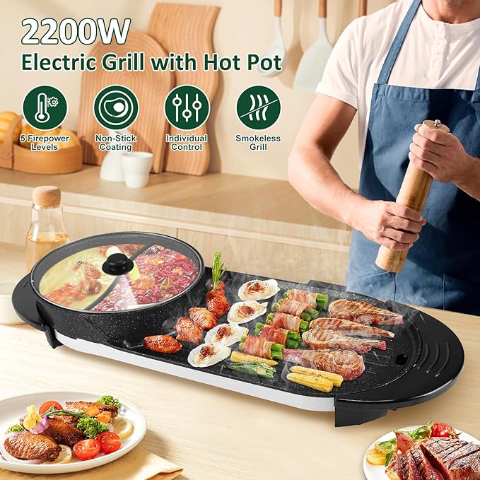 Hot Pot Electric with Grill, 2 in 1 Smokeless Non-Stick Shabu Shabu Pot with Korean BBQ Grill, Independent Dual Temperature Control, 2200W Fast Heating, for Family Gatherings or Friends' Parties