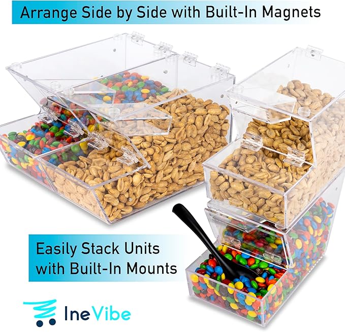 IneVibe Candy Bin Topping Dispenser - Acrylic Bulk Sprinkle Container w/Scoop, Stackable & Magnetic for Multiple Holders on Shelf - Commercial Setting for Cereal, Nuts, Candies & Snack Food Storage