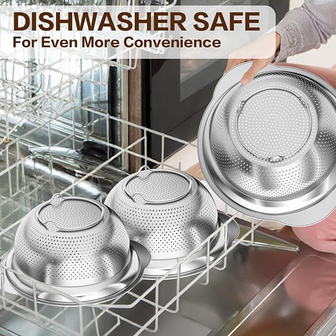 Stainless Steel Strainers for Kitchen, Stainless Steel Colander, Kitchen Strainer for Pasta Fruit Veggie Hot Food, 2 Pack Strainers and Colanders(2QT & 3QT), Dishwasher Safe, Silver