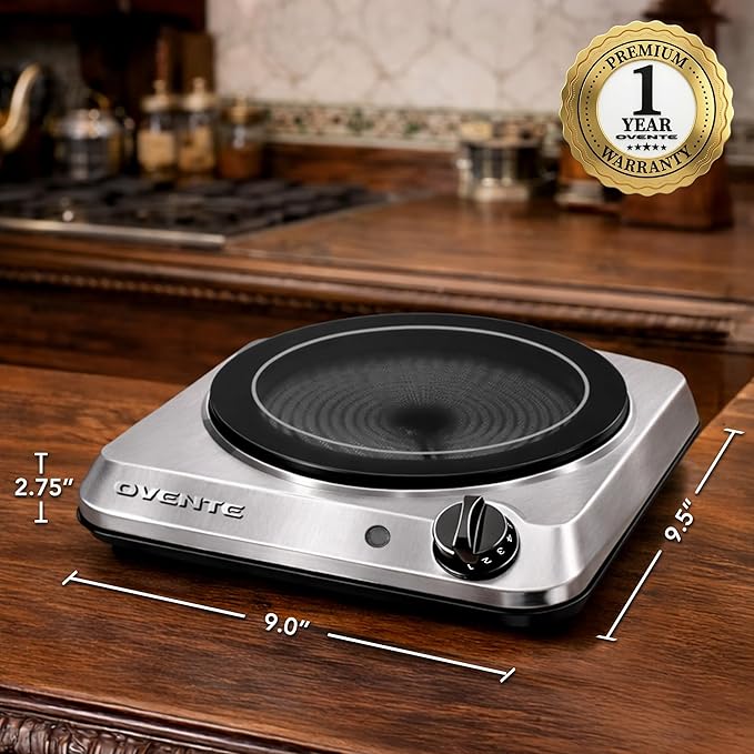 OVENTE Countertop Infrared Single Burner, 1000W Electric Hot Plate with 7” Ceramic Glass Cooktop, 5 Level Temperature Setting & Easy to Clean Base, Compact Stove for Home Dorm Office, Silver BGI101S