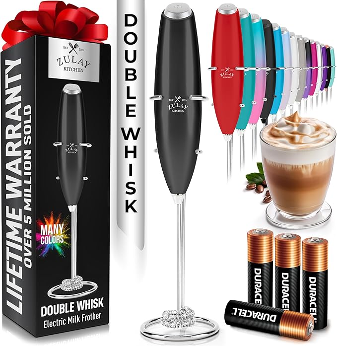 Zulay Kitchen Whisk Milk Frother with 4 Duracell Batteries - Powerful Handheld Foam Maker for Coffee, Lattes, Matcha, Hot Chocolate & Cappuccinos - Whip Creamy Froth in Seconds