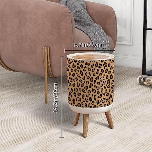 Trash Can with Lid Leopard Seamless Classic Print Skin Wild cat Fashion Press Top Round Small Garbage Bin with Wooden Legs Waste Basket for Kitchen Bedroom Nursery 7L/1.8 Gallon