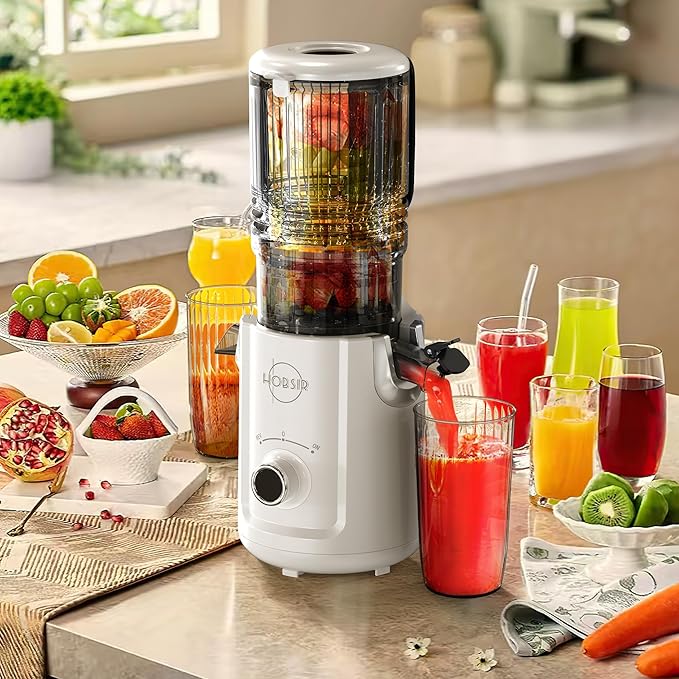 Hobsir Juicer Machines, 5.3-Inch Cold Press Juicers, Masticating Slow Juicer Machines with 300W, Large Feed Chute Juice Machines for Vegetables and Fruits, Easy to Clean Juicers, White