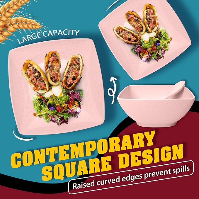 Teivio 16-piece Plastic Wheat Straw Square Dinnerware Set for 4, Unbreakable Dinner Plates, Salad Plates, Snack Bowls, Tumblers 13.5 oz, Dishwasher Safe, Kitchen Dinning RV Essentials, Pink