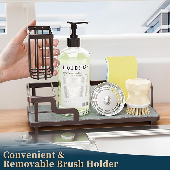 Consumest Sponge Holder for Kitchen Sink - Sink Caddy Organizer with Water Absorbing Stone Tray, Detachable Brush Holder, Stainless Steel Kitchen Counter Organizer Rack, Bronze