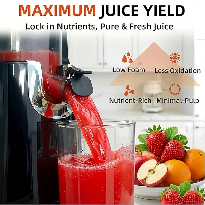 Cold Press Juicer Machines, 5.3” Large Feed Chute Slow Masticating Juicer for Whole Fruits & Vegetables, Easy Clean, 300W Quiet Juice Extractor, 99% High Juice Yield, Red