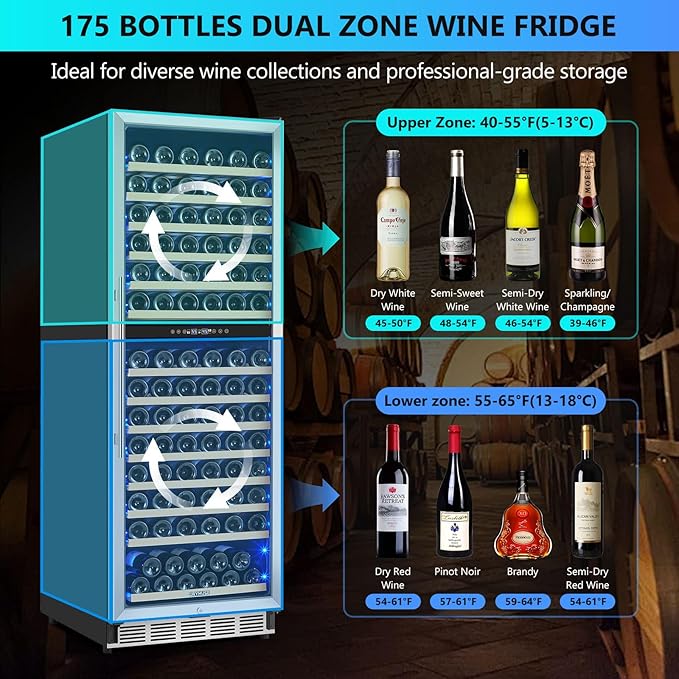 ORYMUSE Dual Zone Wine Fridge Freestanding 175 Bottle, 24 Inch Large Capacity Built-in Wine Cooler Refrigerator with Upgraded Compressor Cooling and Intelligent Temperature Memory