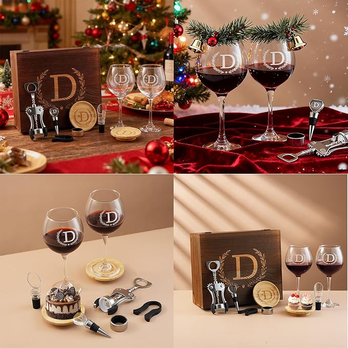 GZLDGIFTS Personalized Initial Wine Glasses Box Gift Set For Women Mom Engraved Birthday Monogrammed Wooden Christmas Gifts Wedding Anniversary Wine Couples Stopper Opener Initial Letterr (R Set)