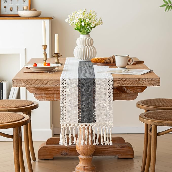 FEXIA Boho Table Runner for Christmas Home Decor with Tassels 72 Inches Long Farmhouse Grey Rustic Table Runner Macrame Burlap Table Decoration for Living Room Bridal Shower(12x72 Inches)