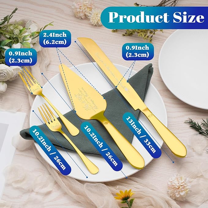 Eisinly Cake Cutting Set for Wedding, Elegant Cake Knife and Server Set with Stainless Steel Forks, Cake Cutter and Pie Spatula for Engagements, Anniversary, Bride and Groom, 4Pcs, Gold
