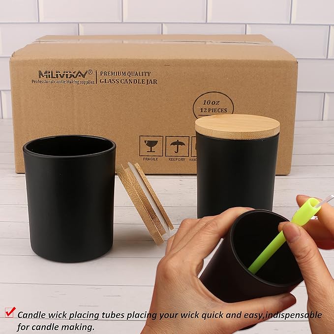 MILIVIXAY 12 Pack 10 OZ Black Matte Glass Candle Jars with Lids and Candle Making Kits - Bulk Empty Candle Jars for Making Candles - Spice, Powder Containers.