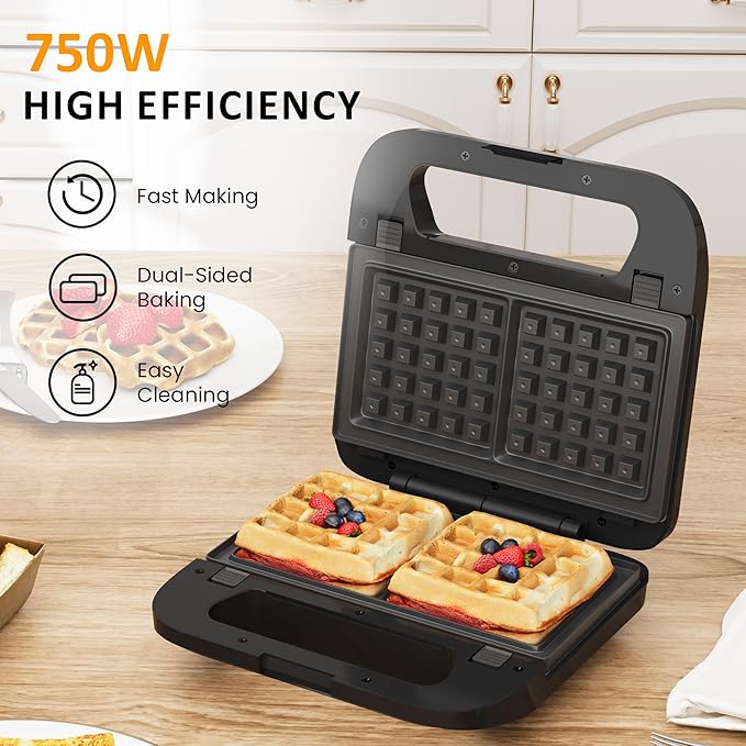 Sunvivi Sandwich Maker Panini Press: Waffle Maker with Removable Plates, 3 in 1 Sandwich Maker Press with Non-Stick Plates, Indicator Lights & Cool Touch Handle, 750W, Black