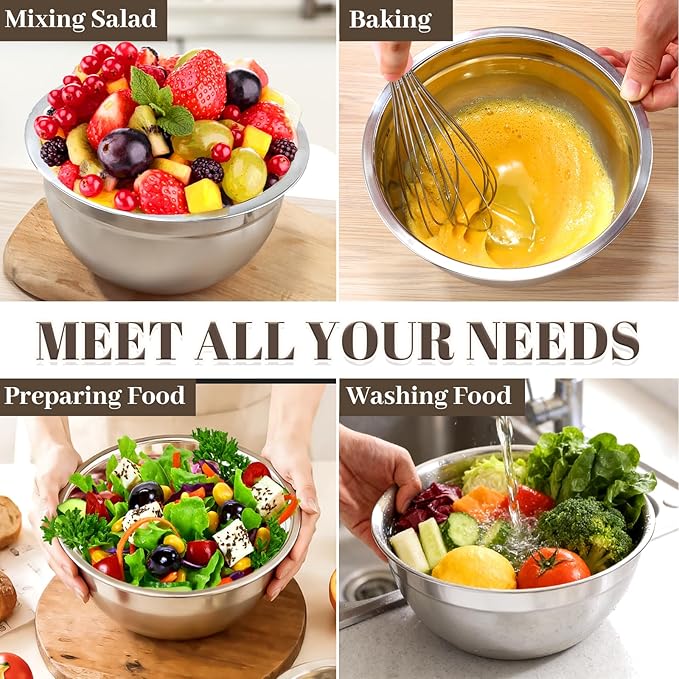 Mixing Bowls with Lids Set - 7PCS Nesting Mixing Bowls, Lids, Stainless Steel Mixing Bowls for Mixing, Baking & Meal Prep, Dishwasher Safe, Size 0.7/1.1/1.5/2.1/3.5/4/4.5 QT, Khaki