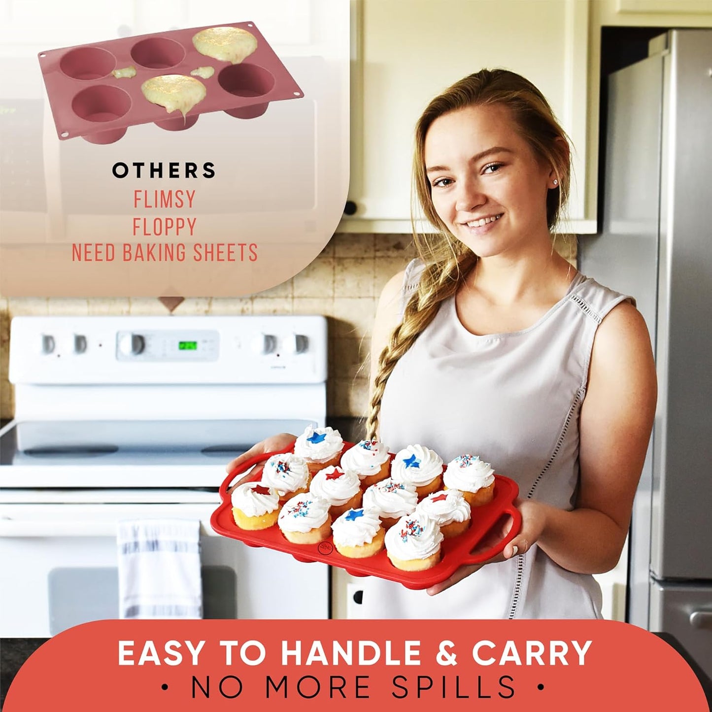 Silicone Muffin Pan With Handles, 12 Cups Cupcake Pan, Silicone Muffin Cups For Baking, Eggs & Cupcakes, Non-Stick Cupcake Molds Dishwasher Safe & BPA Free - Red Color