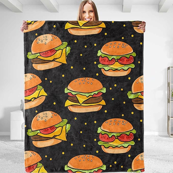 Funny Hamburger Theme Plush Throw Blanket - Soft, Comfy, Lightweight, Warm, and Fuzzy - Ideal Gift for Men and Boys - Perfect for Couch, Bedroom, Travel, Bed - 50x60 inches