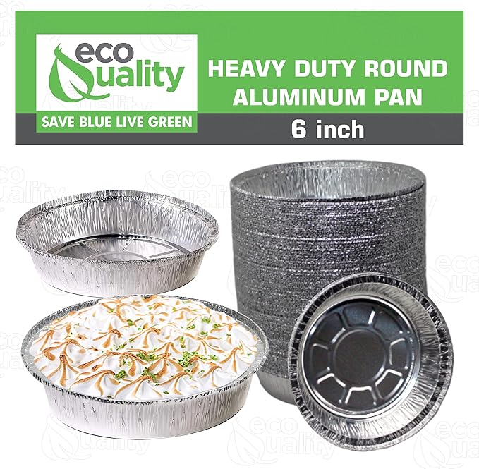 EcoQuality 6" Round Aluminum Foil Pans - Disposable Containers with Foldable Walls for Pie Baking, Cooking, Serving, Reheating, and Storing - Freezer and Oven Safe Tart Pan 100 Pack