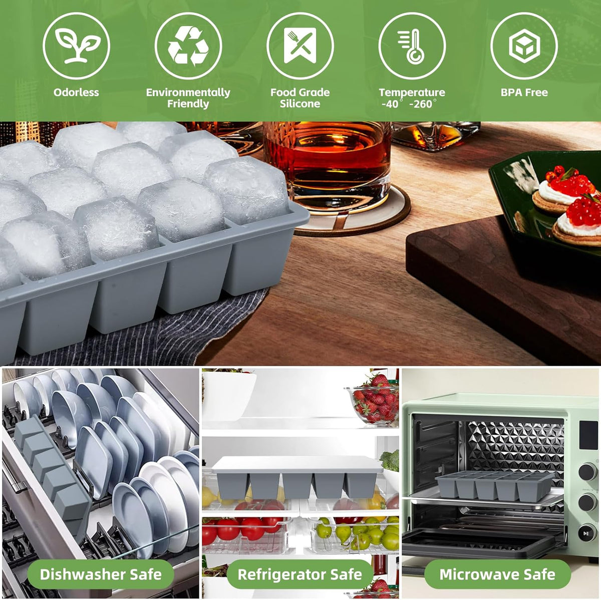 Silicone Ice Cube Tray, 3 Pack Easy-Release Stackable Ice Trays for Freezer with Lid 15 Reusable Cubes, Food Grade BPA Free Ice Molds for Whiskey, Baby Food, Coffee, Cocktail (Blue+Green+Grey)