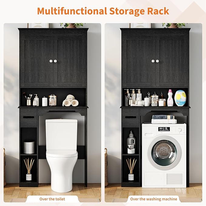 IDEALHOUSE 23.6 Inches Wide Toilet Rack with Over The Toilet Storage Cabinet, Bathroom Shelf Organizer with Anti-Tip Device, Small Freestanding Space Saver with Adjustable Shelf (Black 30" W)