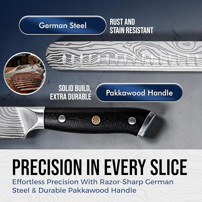 Brisket Knife Set for Meat Carving & BBQ - 12" Slicing Knife, 6" Boning Knife & Carving Fork for Smooth Meat Cutting, Full Tang & Ergonomic - Razor Sharp German Steel, Grilling Gifts for Men