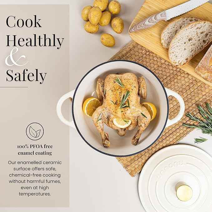 Nuovva Enamelled Cast Iron Dutch Oven Pot with Lid 7.3 Quart Non Stick Casserole Pot – Heavy Duty & Oven Safe up to 500° F for Bread Baking, Braising, Stews, Roasting – 30cm Cream