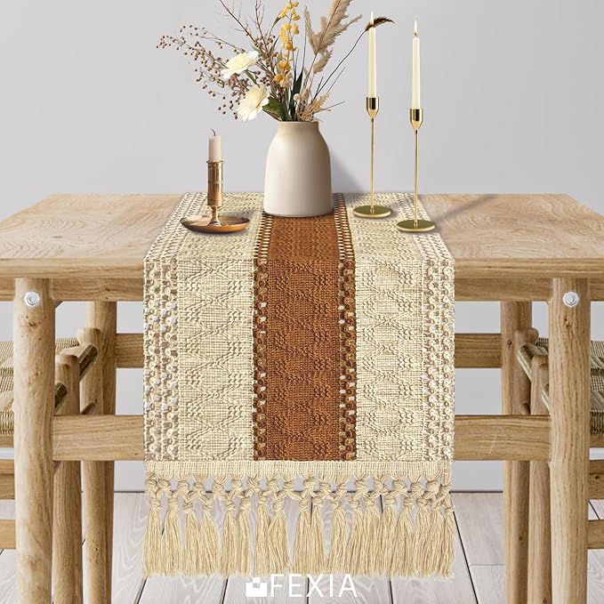 FEXIA Boho Table Runner for Home Decor with Tassels 60 Inches Long,Caramel Farmhouse Rustic Table Runner Macrame Burlap Table Decoration for Living Room Bridal Shower(12x60 Inches)