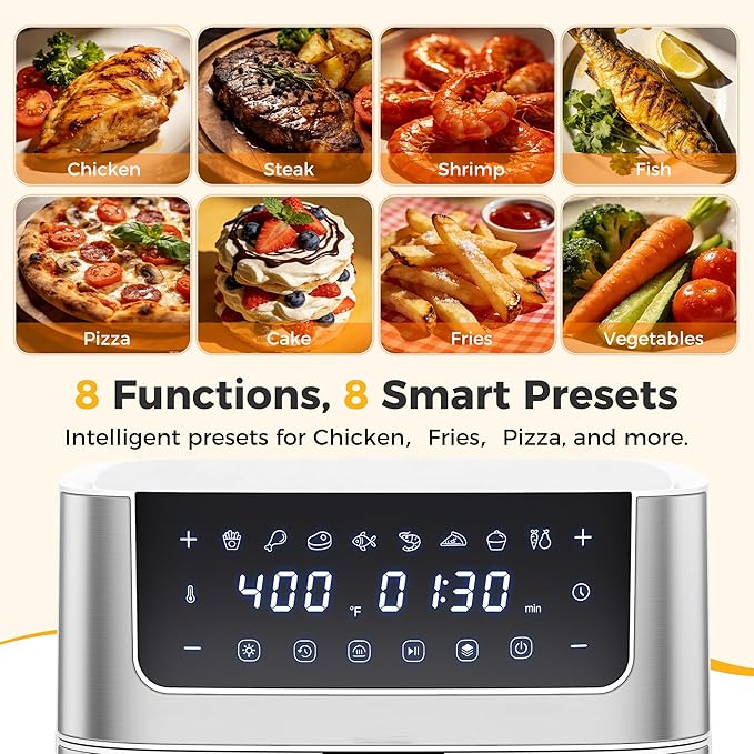 NEWBULIG Air Fryer 6.34QT, Airfryer with Visible Window, 400℉ Fast Heating Air Fryers Oven with Nonstick and Dishwasher-Safe Basket, 8-in-1 Cooking Preset, Timer，Auto-Off, Stainless Steel, White