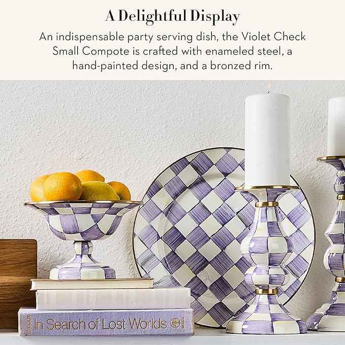 MACKENZIE-CHILDS Enamel Compote, Pedestal Serving Dish or Decorative Bowl, Small, Purple-and-White Violet Check