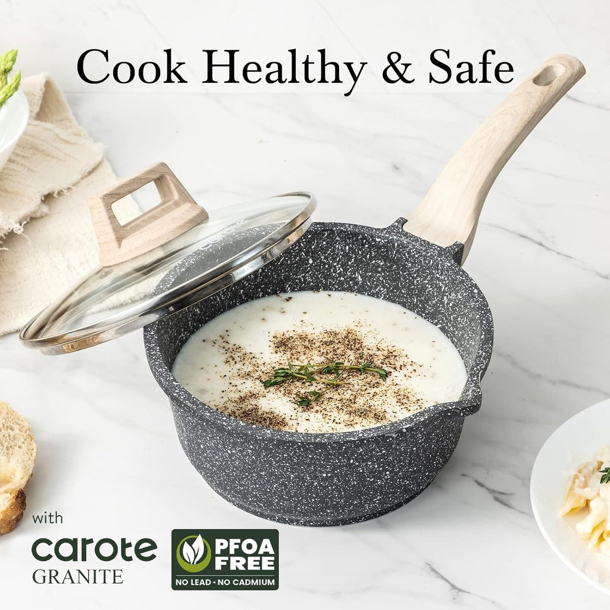 CAROTE 1.5Qt & 3.0Qt Sauce Pan Set with Lid Nonstick Saucepan 4 Pcs Non Stick Sauce Pots Cooking Pot with Pour Spout, Easy to Clean, Small Kitchen Pots Induction Pot, PFOA FREE (Class Granite)