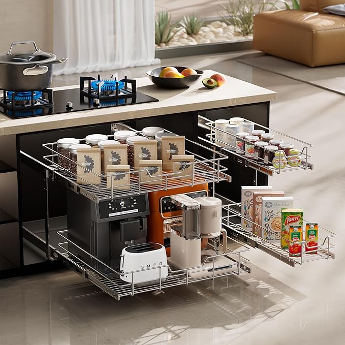 2 Tier Pull Out Cabinet Organizer 24" W X 22" D, Slide Out Drawers For Kitchen Cabinets, Pull Out Drawers For Cabinets Capacity Heavy Duty Caddy, Cabinet Pullout Shelves Chrome-Plated, Bathroom Pantry