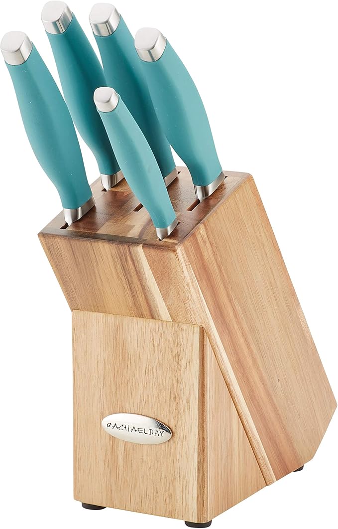 Rachael Ray Cucina Japanese Stainless Steel Knife Kitchen Cutlery Wooden Block Set, 6 Piece, Agave Blue
