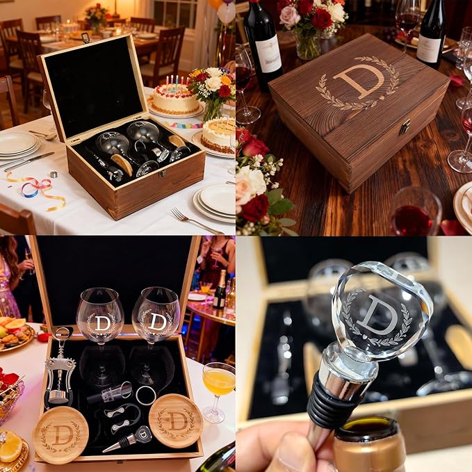 GZLDGIFTS Personalized Initial Wine Glasses Box Gift Set For Women Mom Engraved Birthday Monogrammed Wooden Christmas Wedding Anniversary Wine Couples Stopper Opener Initial Letterr (B Set)