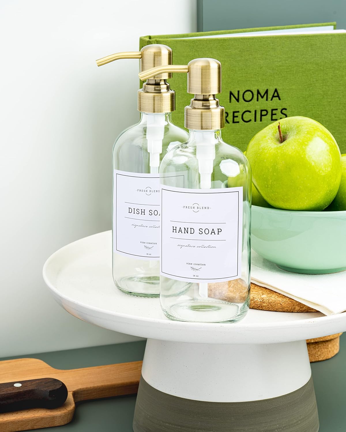 Vine Creations Clear Glass Soap Dispenser, 2 Pack Kitchen Soap Dispenser Set with Stainless Steel Pump, 16 oz Dish Soap and Hand Soap Dispensers for Bathroom with Waterproof Labels