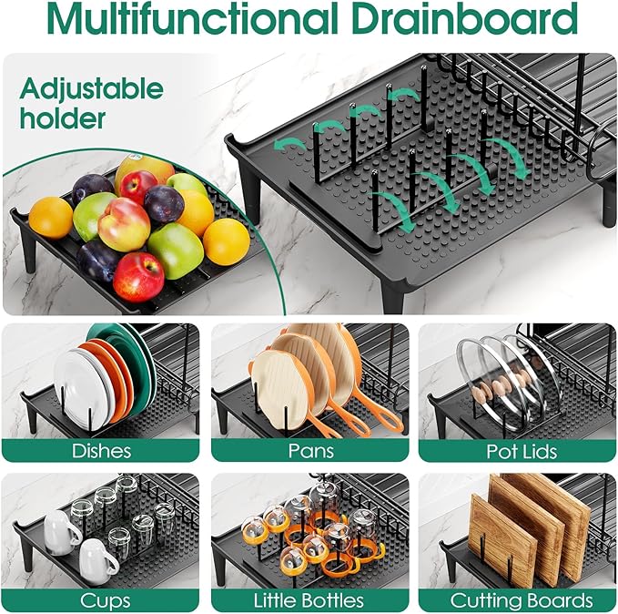 Urackify Dish Drying Rack for Kitchen Counter, Expandable 2 Tier Dish Rack, Large Capacity Dish Drainer with Drainboard Multifunctional Dish Strainer with Removable Cutlery Holder Black