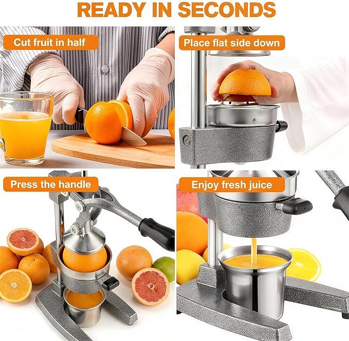 Cast Iron Citrus Juicer - 13.8LB Heavy Duty Manual Orange Press, 304 Stainless Steel Cup & Strainer, Professional Lemon Grapefruit Pomegranate Squeezer for Home Bar Kitchen, Grey