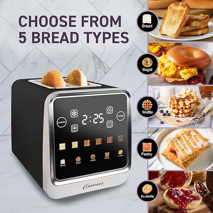Inspirex Touch Screen Toaster - 2 Extra Wide Slots - 5 Bread Types and 6 Browning Levels - Defrost, Reheat, Favorite, & Single Slot Modes - For Toast, Bagels, & Waffles – Black