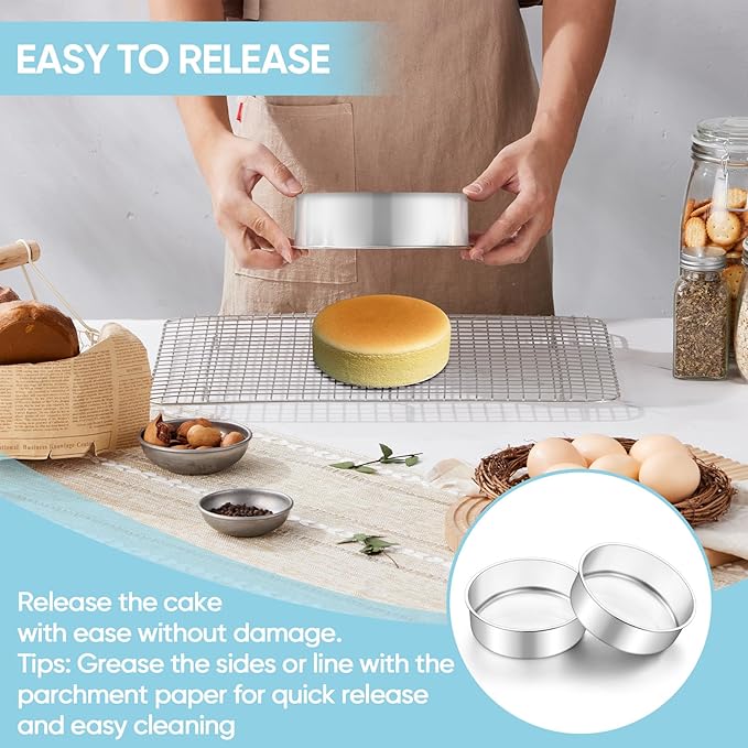 TeamFar 6 Inch Cake Pan, 4 Pcs Round Tier Cake Pans Set Stainless Steel for Baking Steaming Serving, Fit in Oven Pot Air Fryer, Healthy & Heavy Duty, Mirror Finish & Dishwasher Safe