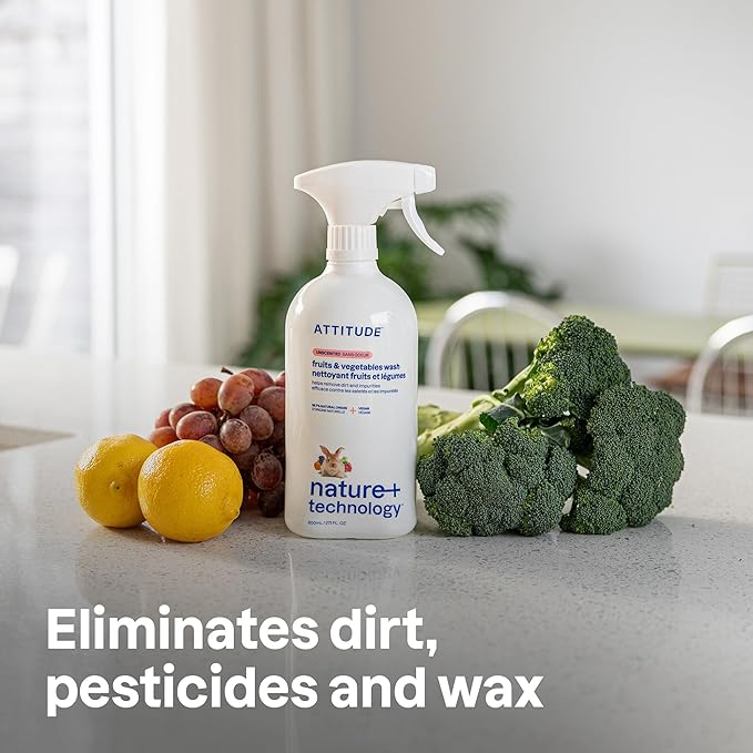 ATTITUDE Fruit & Vegetable Wash, Unscented Food-Safe Produce Wash to Remove Dirt, Wax & Residue, Vegan Plant-Based Produce Cleaner, 27.1 Fl Oz
