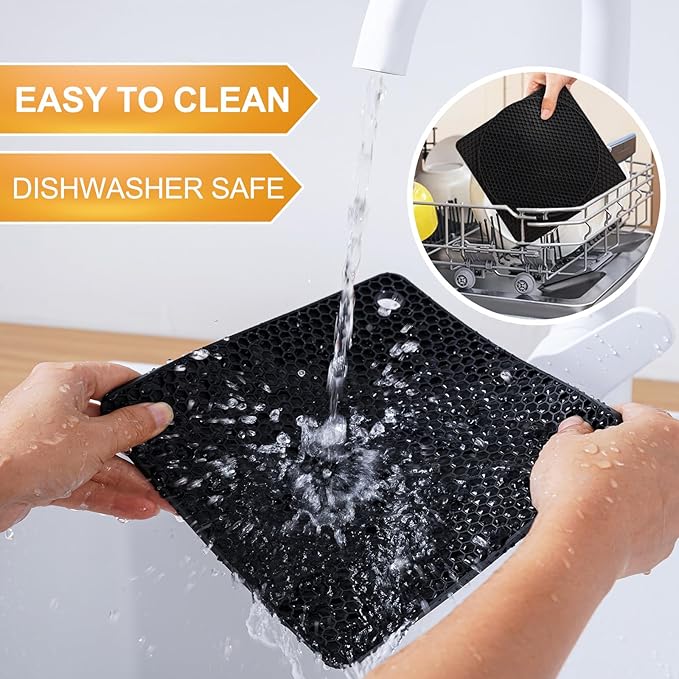 Silicone Trivet Mats, 4 Pack Hot Pads Pot Holders for Kitchen, Heat Resistant Non-Slip Trivets for Hot Dishes, Hot Pots and Pans, Countertop, Table, Food Grade Silicone & BPA Free, Black