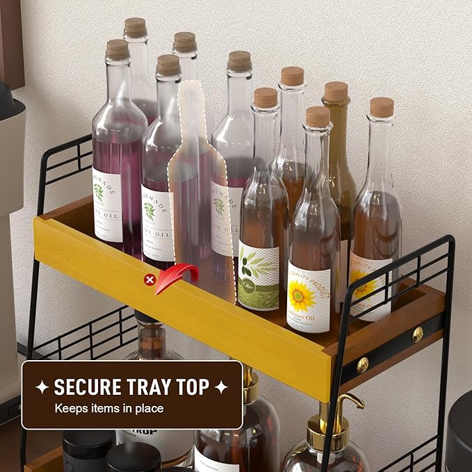 Coffee Bar Station Organizer with Built-In Drawer, 2-Tier Countertop Shelf for Tea Bags, Coffee Accessories, Syrup Bottles (Walnut)
