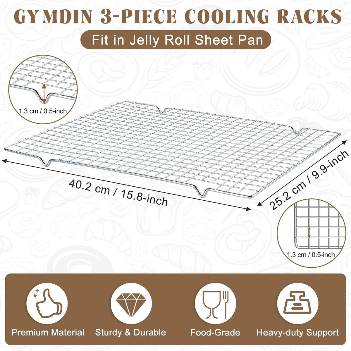 Cooling Racks for Cooking and Baking - 3PCS 16" x 10" Premium Stainless Steel Wire Cookie Cooling Rack for Baking, Roasting, and More - Oven & Dishwasher Safe - Fits Jelly Roll Pan