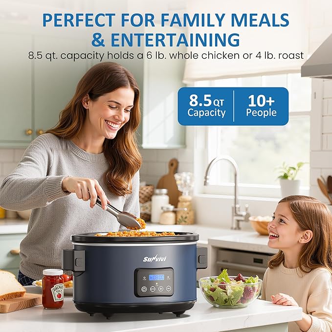 Programmable Slow Cooker with Locking Lid, Portable Multi-Cooker for Family and Gatherings, 8.5 QT Food Warmer with Adjustable Temp, Warmer with Digital Timer, Dishwasher-Safe, Blue