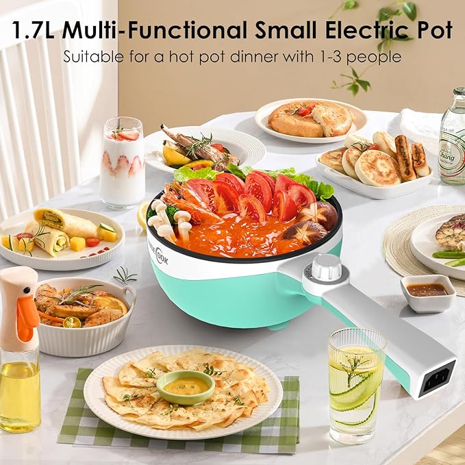 Audecook Hot Pot Electric, 1.7L Mini Electric Skillet Portable Nonstick Sauté Pan with Power Adjustment, Ramen Cooker Travel Multicooker for Steak/Soup/Egg/Oatmeal/Noodles