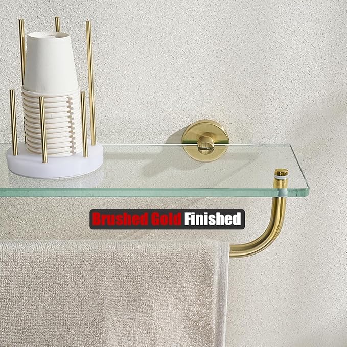 JQK Bathroom Glass Shelf, Shelf with 29 Inch Towel Bar Tempered Glass Shower Storage 30 by 5 inches, 304 Stainless Steel Brushed Gold Wall Mount, TGS100L30-BG