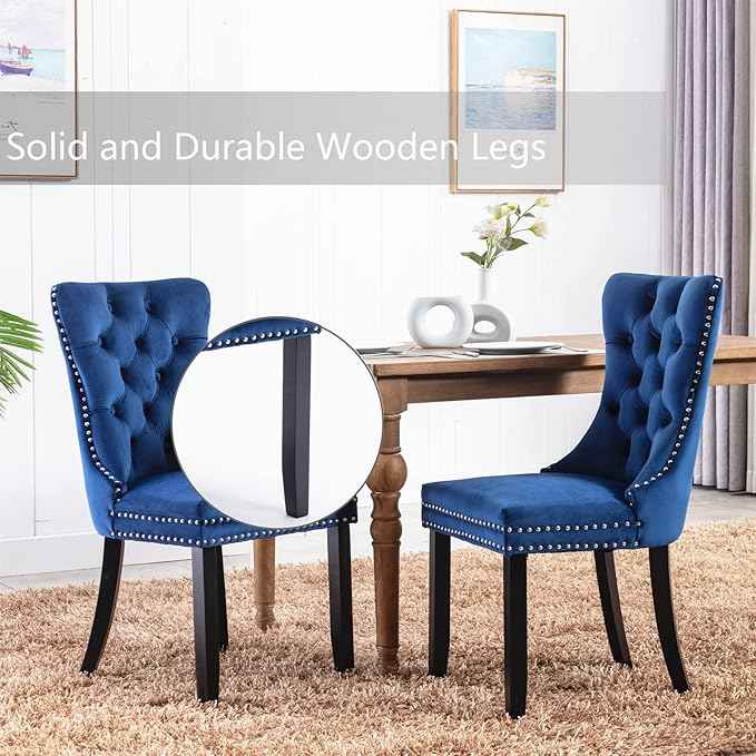 Upholstered Dining Chairs Set of 6, Velvet Dining Room Chairs with Back Ring Pull Trim and Solid Wood Legs, Tufted Wingback Kitchen Chair Perfect for Dining Room,Living Room,Kitchen(Blue)