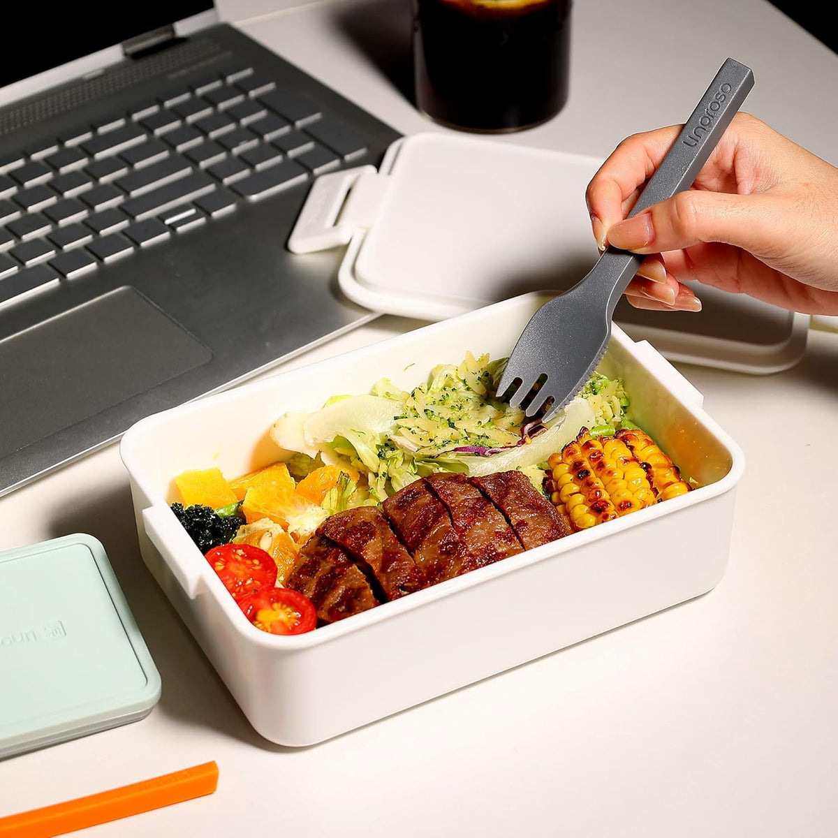 linoroso Stackable Bento Box Adult Lunch Box | Meet All You On-the-Go Needs for Food, Salad and Snack Box, Premium Bento Lunch Box for Adults Include Utensil Set, Dressing Containers - Chalk White