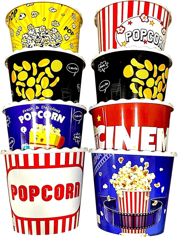 Modern Style Reusable Plastic Popcorn Box/Popcorn Containers/Popcorn Bowls Set for Movie Theater Night - (BPA Free - 8 Pack - 75 oz) (Mix 8-W)